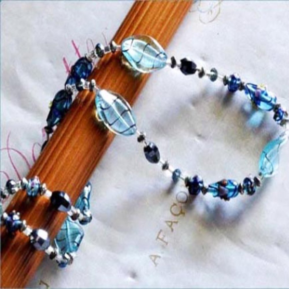 Teal & Black Beaded Double Strand Necklace With Black Hematite & Lampwork Beads